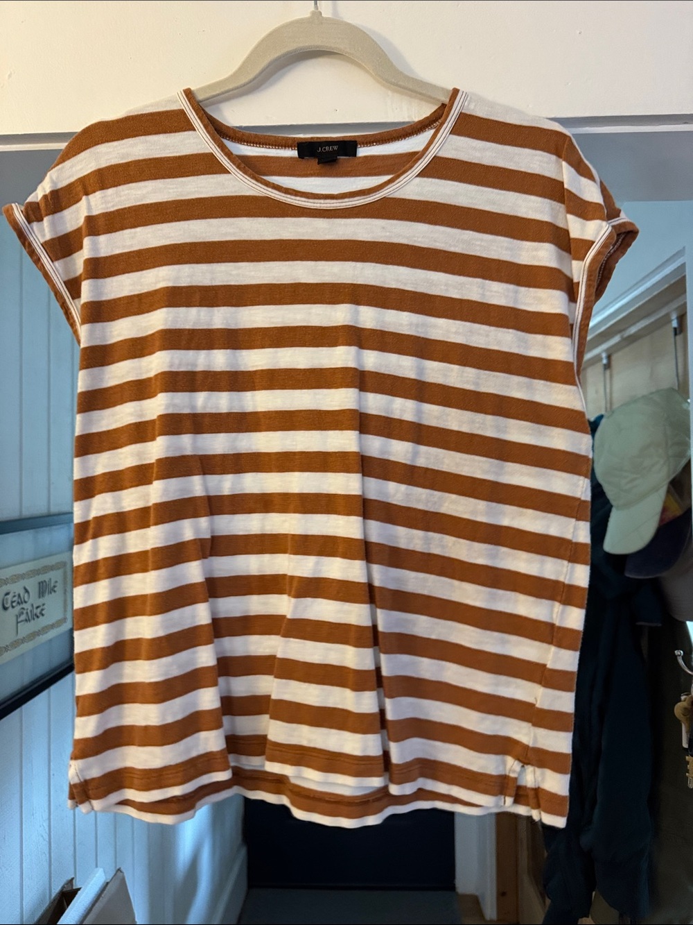 J. Crew Brown and White Striped Muscle Short-Sleeve Tee